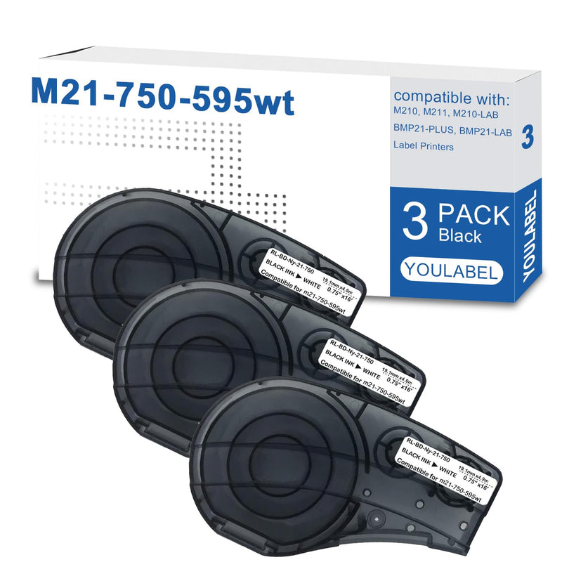 M21-750-595-WT Compatible for (M21-750-595-WT) All-Weather Vinyl Label for Indoor/Outdoor ID, Black on White- for M210, M210-LAB, M211, BMP21-PLUS and BMP21-LAB Printers, 0.75" W 21" L (3 Pack) ﻿