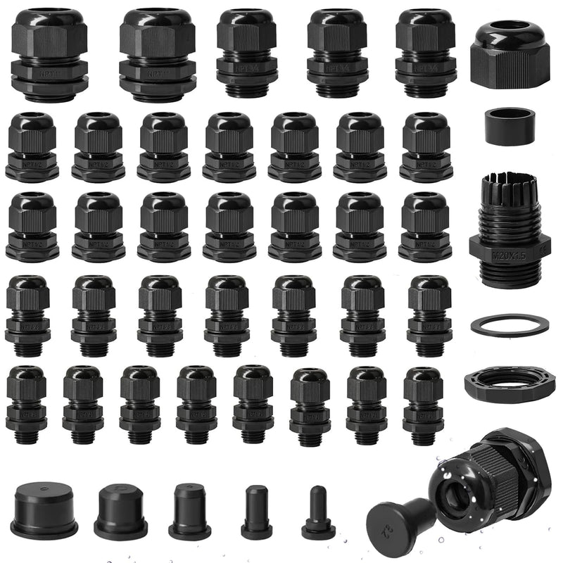Cable Gland Kits, 40PCS Cord Grip 1/4" 3/8" 1/2" 3/4" 1" NPT Waterproof Cable Pass Through Grip w/19PCS Top Hat Rubber Grommets for Cable Glands, Strain Relief IP68 Waterproof Nylon Cord Connector 59PCS Cable Gland Kits(black)