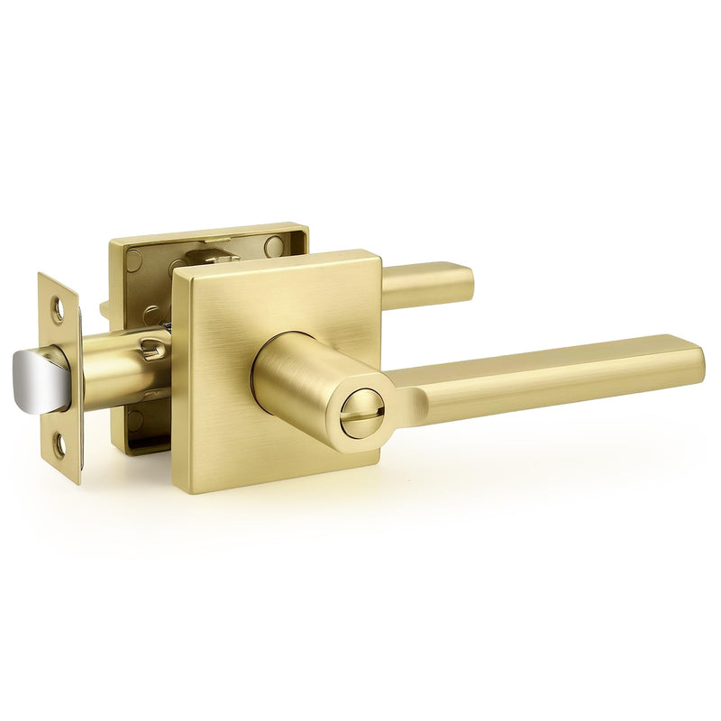 Probrico Door Handle Interior with Lock, Brushed Gold Bedroom Bathroom Lever, Heavy Duty Square Reversible for Right or Left Side Doors, 1 Pack Privacy