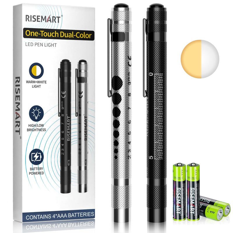 [Australia - AusPower] - RISEMART 2 Pack Pen Light for Nurse, Medical Penlight with One-Button Switch for White & Warm Light, Pupil Gauge & 5cm Ruler, Pocket Clip, Durable LED Penlights for Nursing, Doctors, Students 