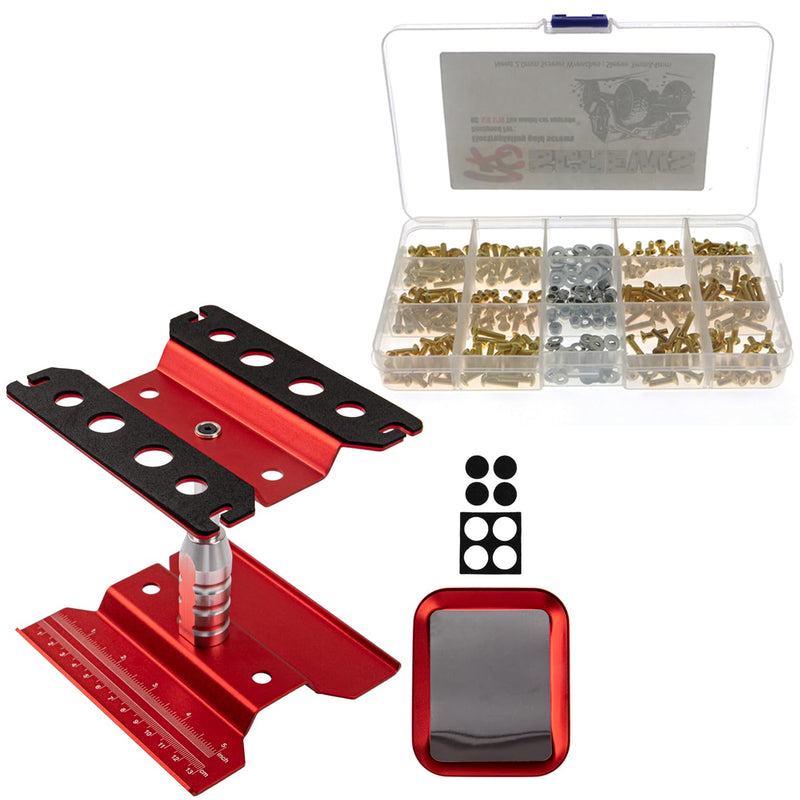 [Australia - AusPower] - 330Pcs Universal RC Screw Kit M3 Flat Round Head Screws M3 M4 Flat Washer M3 Hexagon Nut & RC Car Work Stand Repair Workstation 360 Degree Rotation Lift with Screws Tray 