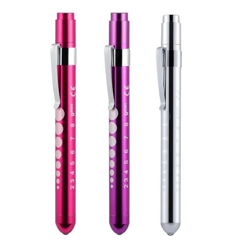 3 Pupil Light in Purple, Pink, Silver, LED Torch Eye Light | Pupil Meter Pupil Light, Portable Light Pen with Pocket Clip, Ruler, Nurse Care Accessories