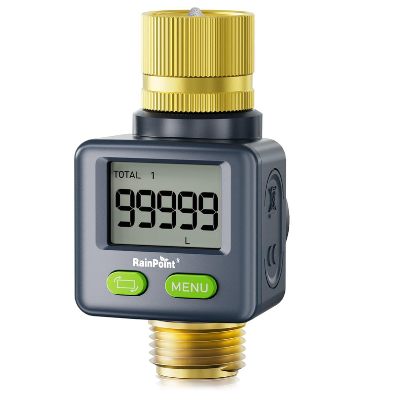 [Australia - AusPower] - RAINPOINT Water Flow Meter with Brass Inlet & Outlet, 180° Screen-Flip Water Meter, Measure Gallon/Liter Consumption for RV Filling, Garden Watering, Sprinkler and Hoze Nozzle Gray 1 pcs 