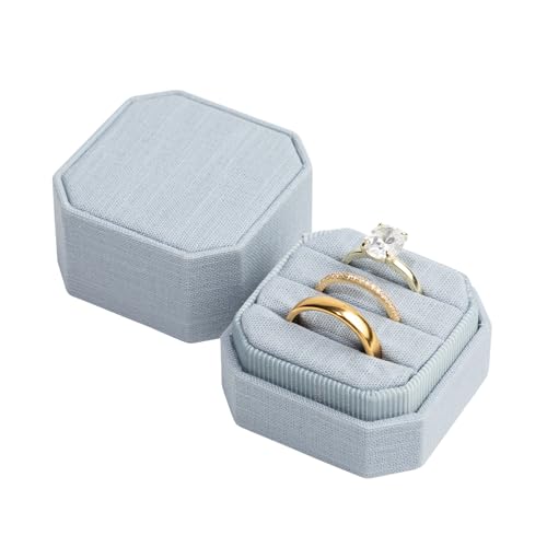 Linen Wedding Ring Box, Linen 3 Slot Engagement, Wedding Day Ceremony and Detail Photos, Removable Lid, Square Ring Box, 2"x2"x1.75" (Dusty Blue) Dusty Blue