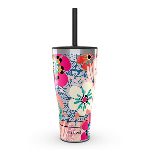 Tervis Traveler Bright Wild Blooms Triple Walled Insulated Tumbler Travel Cup Keeps Drinks Cold & Hot, 30oz with Straw Lid, Stainless Steel