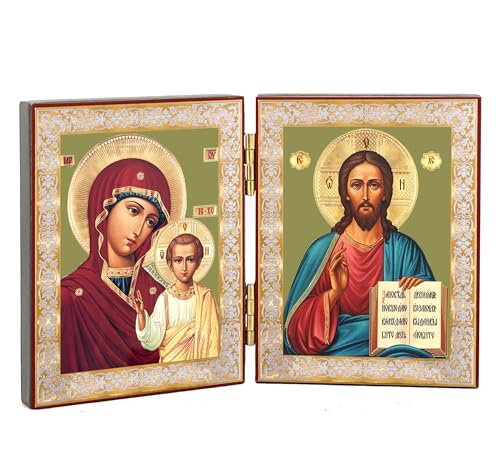Needzo Christ The Teacher and Madonna and Child Virgin of Kazan Orthodox Catholic Icon Diptych 5 Inch Wide, Religious Gift For Woman Men, Gold Foil