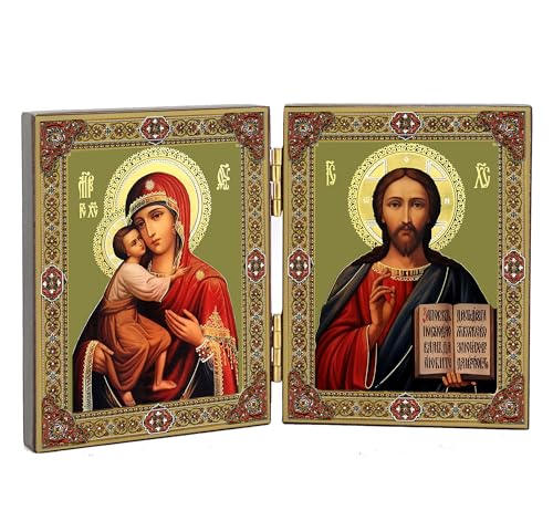 Needzo Christ The Teacher and Madonna and Child Virgin Mary Orthodox Catholic Icon Diptych 5 Inch Wide, Religious Gift For Woman Men