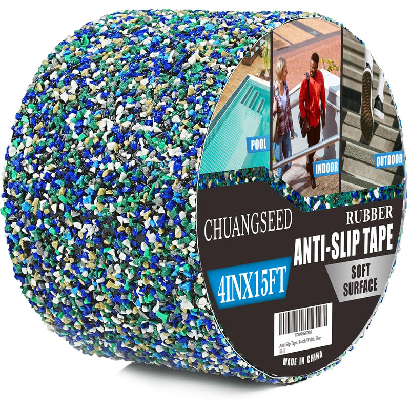 CHUANGSEED Blue Rubber Anti-Slip Tape 4" x 15ft Multi-Purpose Heavy Duty, Outdoor/Indoor Waterproof, Safety Anti-Slip Tape for Stair Tread Traction, Pool,Trail, Bathroom, Wooden Stair 4''X15FT
