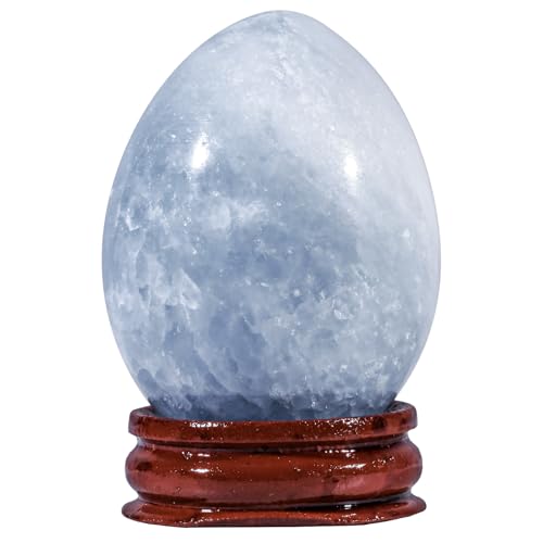 TUMBEELLUWA Blue Celestite Crystal Egg with Wood Stand, Height 51-60 mm Height 2.0-2.36 Inch