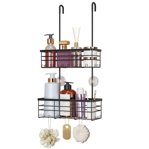 HapiRm Hanging Shower Caddy Organizer - No Drilling Shower Organizer with Hooks, Rustproof & Waterproof 304 Stainless Steel Bathroom Shelves - Black 2 Basket