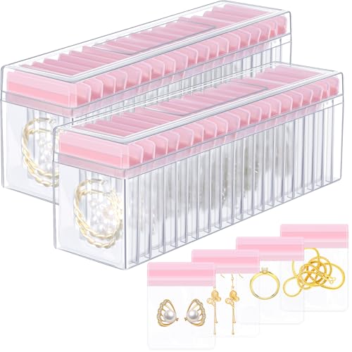 Kenning 42 Pcs Acrylic Jewelry Case Organizer, Clear Jewelry Organizers Holder with Portable Anti Tarnish Storage Bags for Rings, Earrings, Necklaces, Ideal Gifts for Women (Pink) Pink