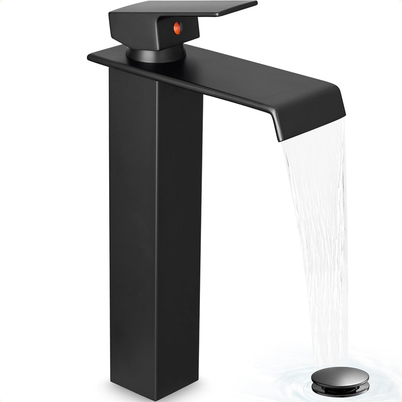 Brass Vessel Sink Faucet Black Waterfall Bathroom Faucet 1 Hole, Tall Bathroom Sink Faucet Single Handle, Modern Bathroom Faucets for Vessel Sinks with Pop Up Drain and Supply Hoses Matte Black