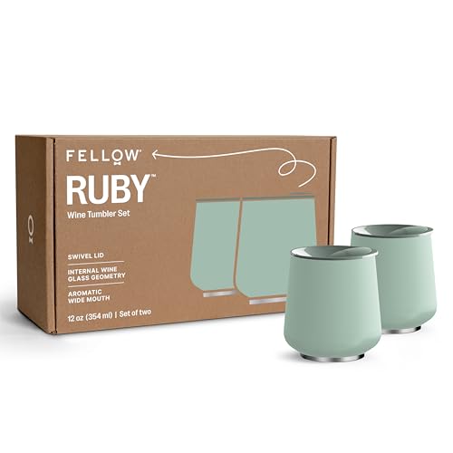 Fellow Ruby Wine Tumbler Set of 2 - Insulated Stainless Steel Wine and Cocktail Tumblers with Ceramic Interior and Swivel Pebble Lid - 12 oz, Mint Chip Mint Chip - Pack of 2 12 ounces