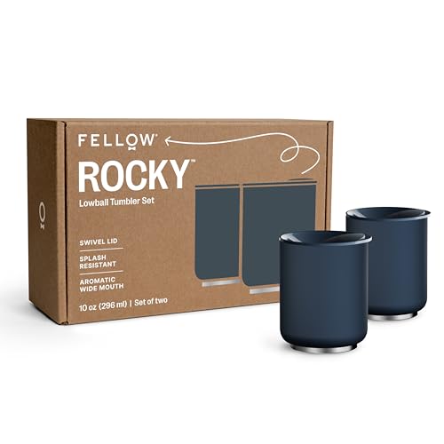 Fellow Rocky Lowball Tumbler Set of 2 - Insulated Stainless Steel Cocktail Tumblers with Ceramic Interior and Swivel Pebble Lid - 10 oz, Stone Blue 10 Ounces Pack of 2