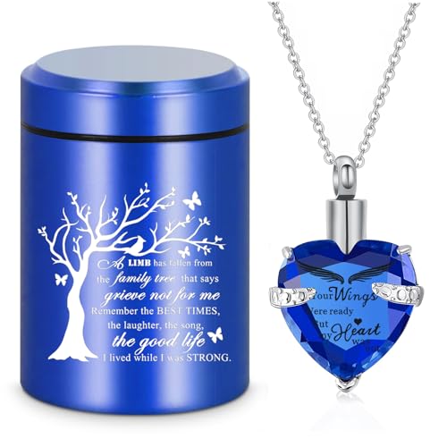 Small Mini Urns for Human Ashes Keepsake Tree of Life Sharing Urns for Female Male, Heart Cremation Jewelry Urn Necklaces for Ashes for Women Men, Blue