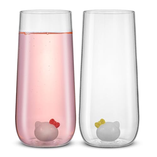 Tall Drinking Glasses with 3D Hello Kitty & Mimmy Icons (Set of 2) by JoyJolt Tall Glasses