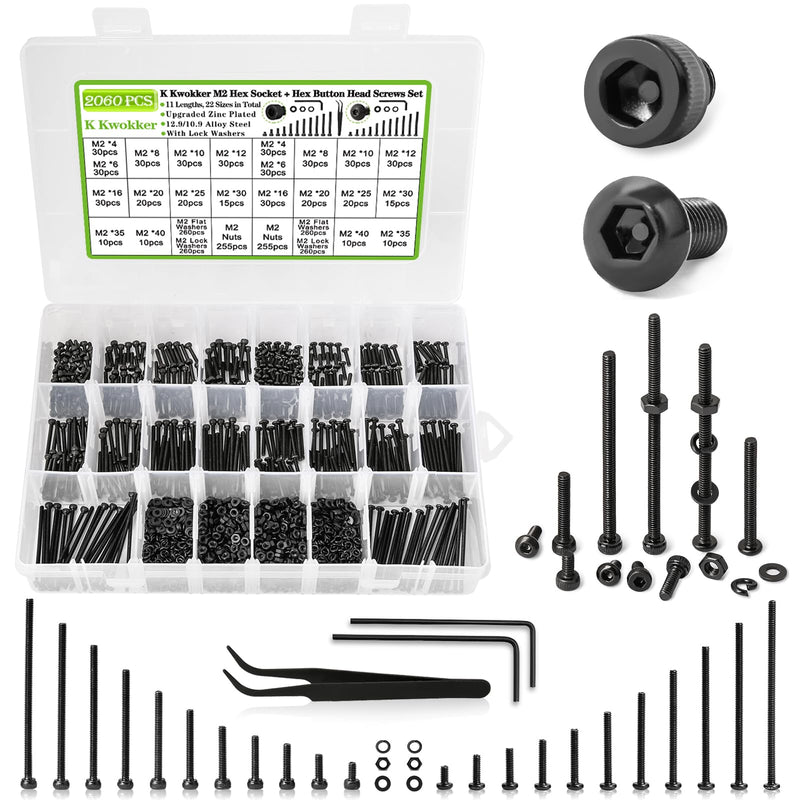 [Australia - AusPower] - 2060 x M2 Screw Kit 4MM to 40MM, M2 Socket Head Screws & Button Head Screws, Upgraded Zinc Plated Screws Assortment Kit w/Nuts and Bolts, Washer and Lock Washers, Black Machine Screw A. M2 Hex Socket & Button Screw Set 