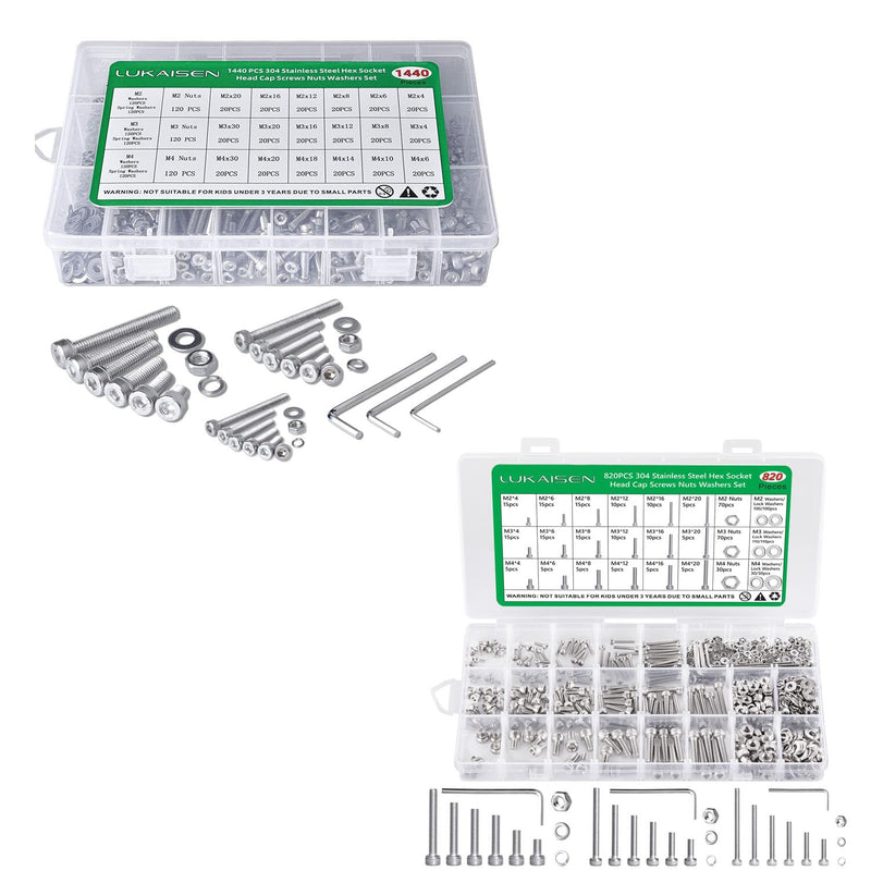 [Australia - AusPower] - 1440PCS Screws Nuts and Washers Assortment, M2 M3 M4 Hex Socket Head Cap Metric Bolts and Nuts Kit and 820PCS M2 M3 M4 Metric Screw Assortment, 304 Stainless Steel Metric Bolts and Nuts Assortment Kit 