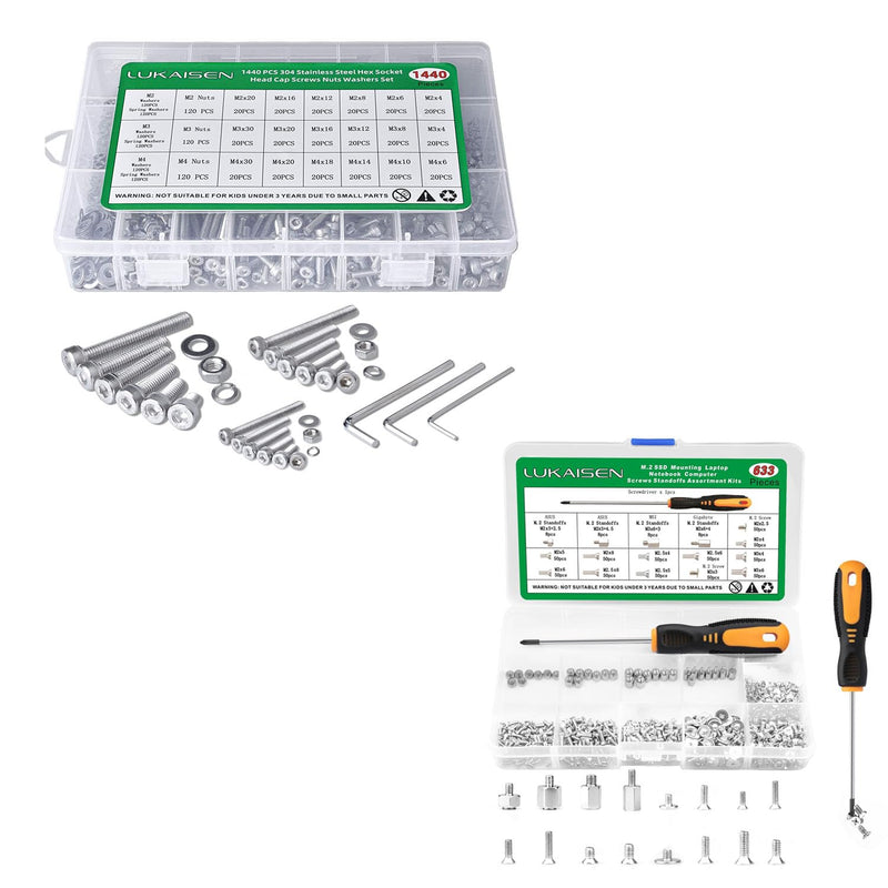[Australia - AusPower] - 1440PCS Screws Nuts and Washers Assortment, M2 M3 M4 Hex Socket Head Cap Metric Bolts and Nuts Kit and 633pcs Laptop Screws, M.2 NVMe SSD Mounting Screw Kit, M2 M2.5 M3 Notebook Computer Screw Set 