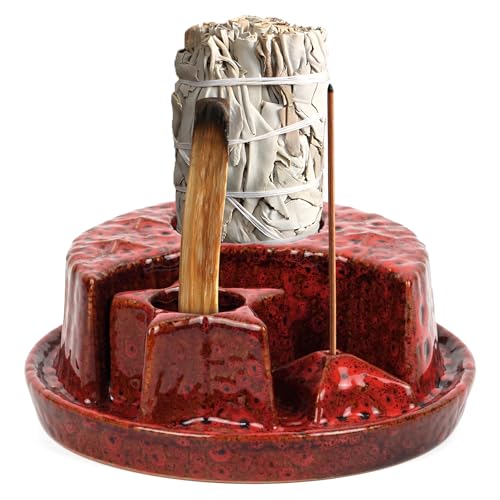 4 in 1 Incense Holder, Incense Burner, Palo Santo Holder, Ceramic Ash Catcher Tray for Meditation Room, Candle Holder for Burning Sage (Speckled Red) Speckled Red