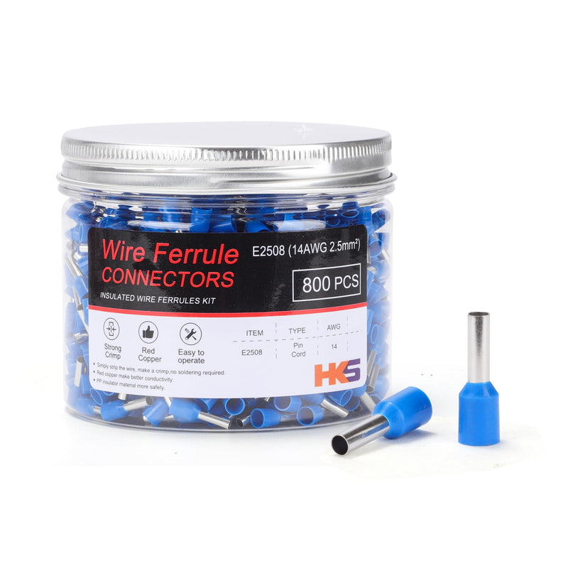[Australia - AusPower] - HKS 800PCS Wire Ferrule Connectors - AWG 14-2.5mm² Copper Barrel Pin Cord Ends Insulated Ferrules Terminals - E2508 Blue #14 AWG E2508 