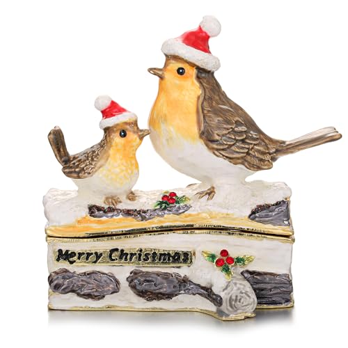 Hand Painted Enamel Christmas Robin Bird Trinket Box, Hinged Jewelry Organizer Storage, Unique Home Decor Keepsake Collectible Figurine, Personalized Decoration Ornament Gifts (Grey Christmas Sparrow) Grey Christmas Sparrow