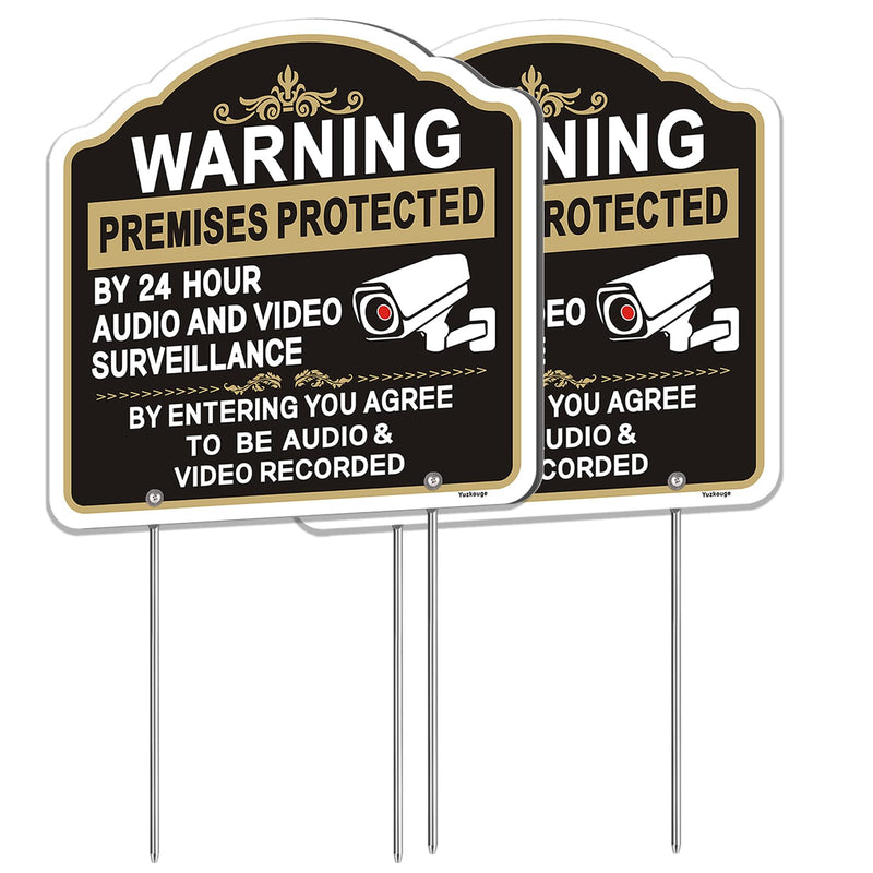 2 Pack Warning Premises Protected By 24 Hour Audio and Video Surveillance Sign with Stake, 12” x 12” aluminum No Trespassing sign for House Lawn Business.