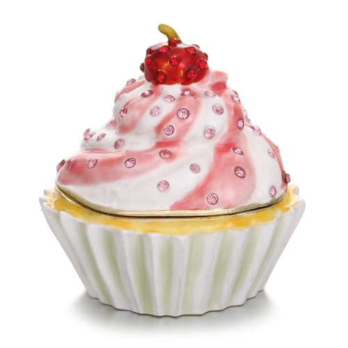 Hand Painted Enamel Cupcake Trinket Box, Hinged Jewelry Organizer Storage, Unique Home Decor Figurine Keepsake Collectible, Personalized Handmade Decoration Ornament Gifts (Pink Cupcake-Cherry) Pink Cupcake-Cherry
