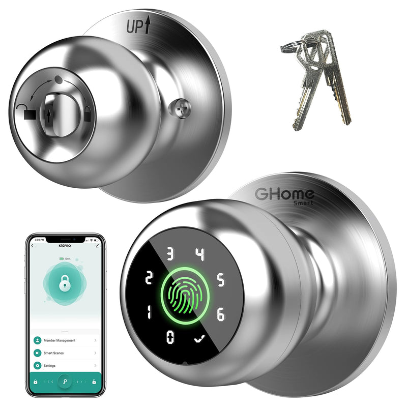 GHome Smart Fingerprint Door Lock, 4 in 1 Smart Fingerprint Door Knob with Keypad, App Control, Auto Lock, Biometric Door Knob with Lock for Bedroom, Apartment, Garage, Home & Office 4 IN 1- Silver