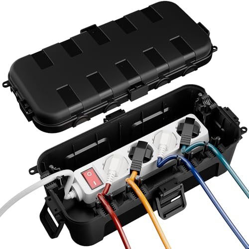 RESTMO Medium IP54 Cable Box, Waterproof, Weatherproof Cable Box, Outdoor | Ideal for protecting outdoor extension cables, power strips, outdoor sockets, angled plugs (29 x 13.2 x 10 cm), black 1 Stück