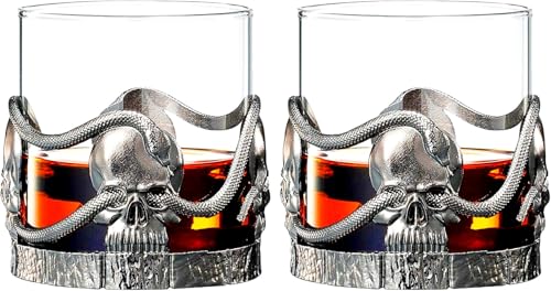 Skull & Snakes Pewter Glasses Set of 2, 12.5oz Gothic Whiskey, Wine, Beer & Water Cups, Spooky Crystal Old Fashioned Tumblers, Elegant Barware Gifts for Men & Women, Haunted Skull Decor Gift Skull and Snakes