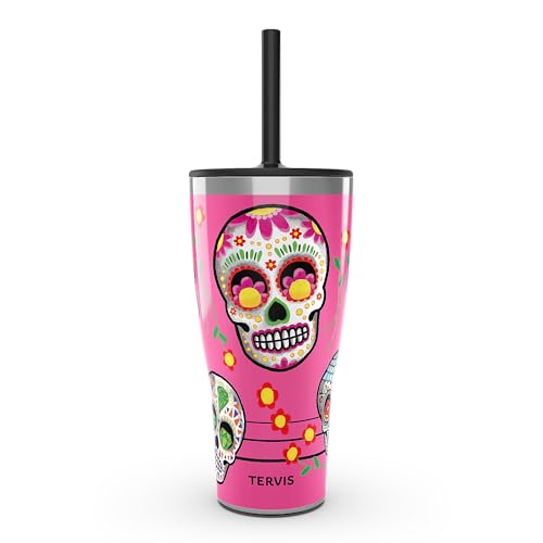 Tervis Traveler Colorful Sugar Skulls Triple Walled Insulated Tumbler Travel Cup Keeps Drinks Cold & Hot, 30oz with Straw Lid, Stainless Steel