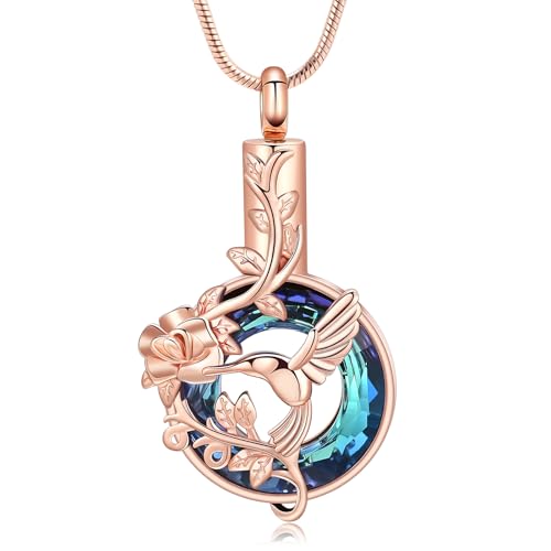 Hearbeingt Hummingbird Urn Necklaces for Ashes Cremation Jewelry for Women Rosegold-blue