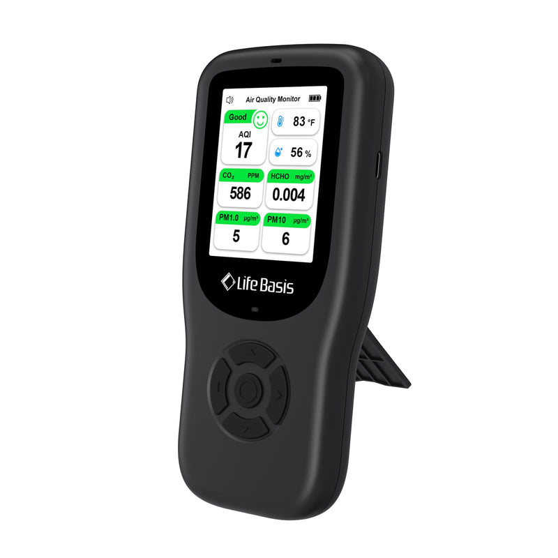 [Australia - AusPower] - LifeBasis Air Quality Monitor Indoor, 11-in-1 Air Quality Detector with Stand, Real-Time Air Meter Test AQI, PM1.0, PM2.5, PM10, CO2, TVOC, HCHO, Particles, Temperature and Humidity, Dual Alert -Black 
