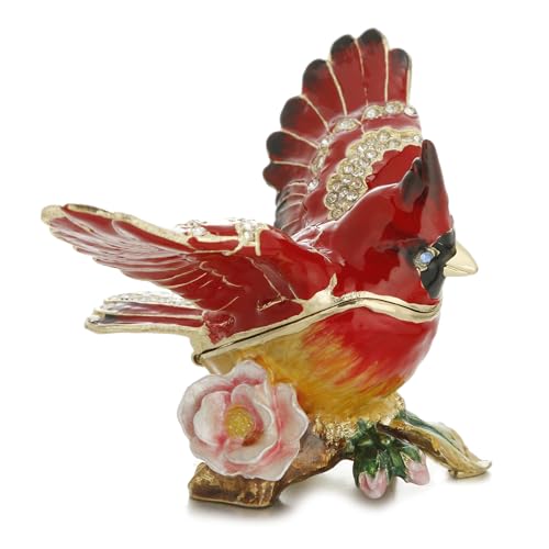 Hand Painted Enamel Cardinal Trinket Box for Home Decor, Unique Keepsake Collectible Figurine Jewelry Organizer Storage, Personalized Elegant Handmade Statue Decorative Ornament Gifts (Red Cardinal) Red Cardinal