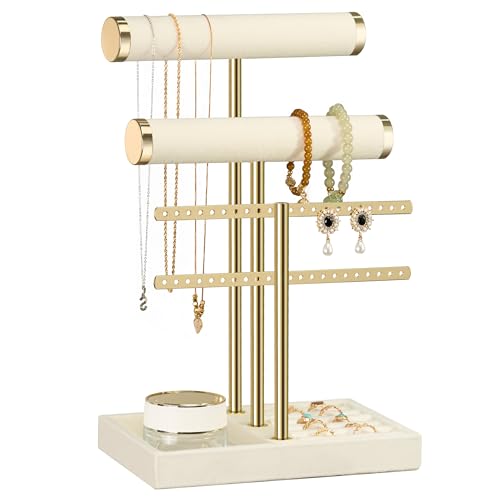 bussdis 3 Tier Bracelet Holder Display - Detachable T Bar Beige Velvet Bracelet Holder, Jewelry Holder Organizer for Bracelet, Necklace, Earrings, Rings Standard
