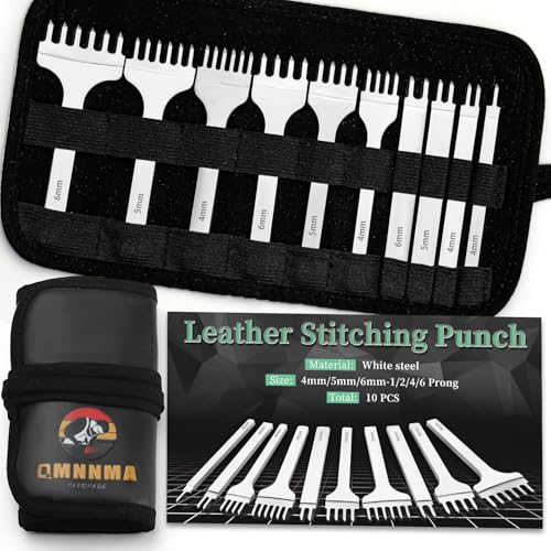 QMNNMA leather stitching punch set with 1/2/4/6 prong white steel chisels and storage bag