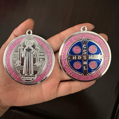 Bovemee 2PCS ST BENEDICT CROSS MEDAL 3 INCH VINTAGE BRASS TONE FINISH FOR WALL OR DESK DISPLAY/MEDALLA DE SAN BENITO (Pink) Pink