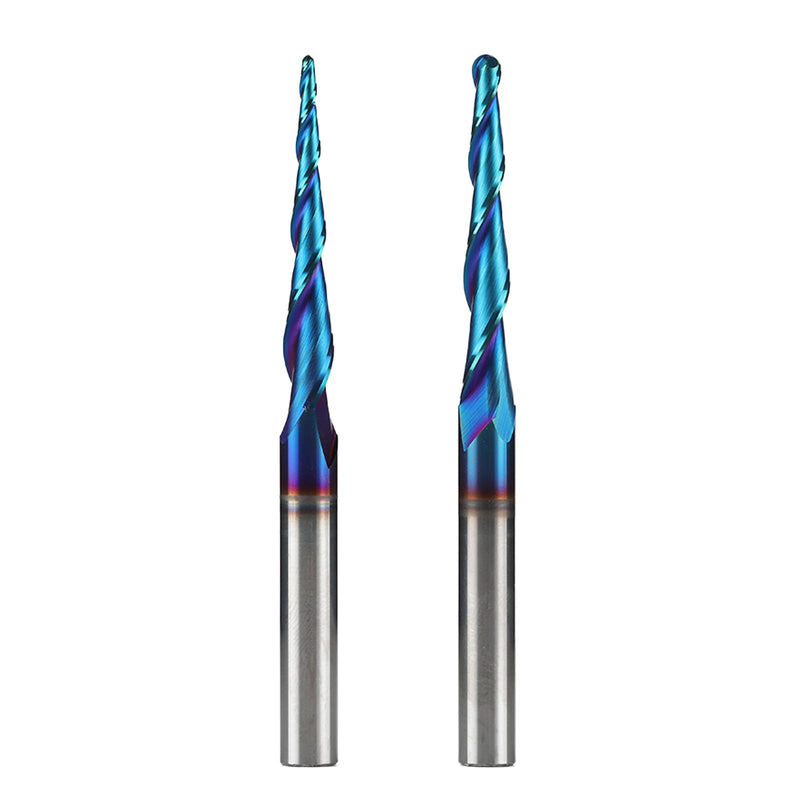 2PCS Spiral CNC Router Bits 1/4" Shank 3" Over Length Tapered Angle Ball Nose with NACO-Blue Coating for 2D&3D Wood Carving Engraving 2 PCS
