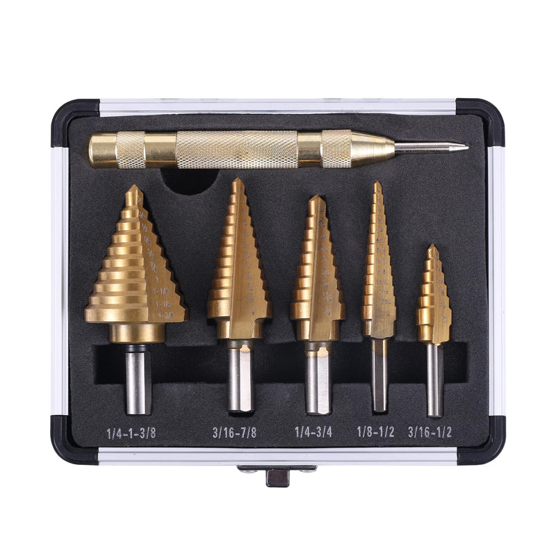 Step Drill Bits, 6PCS (50 Sizes) HSS Step Unibit Drill Bit Set with Automatic Center Punch, Double Cut Blades High-Speed Steel with Aluminum Case, Multi-Hole Stepped Up Bits for DIY Lovers