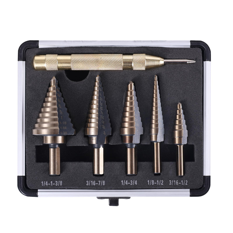 Step Drill Bits, 6PCS (50 Sizes) HSS Step Unibit Drill Bit Set with Auto Center Punch Black and Gold, Double Cutting Blades HSS Drill with Aluminum Case, Multi-Hole Stepped Up Bits for DIY 6pcs - Black and Gold
