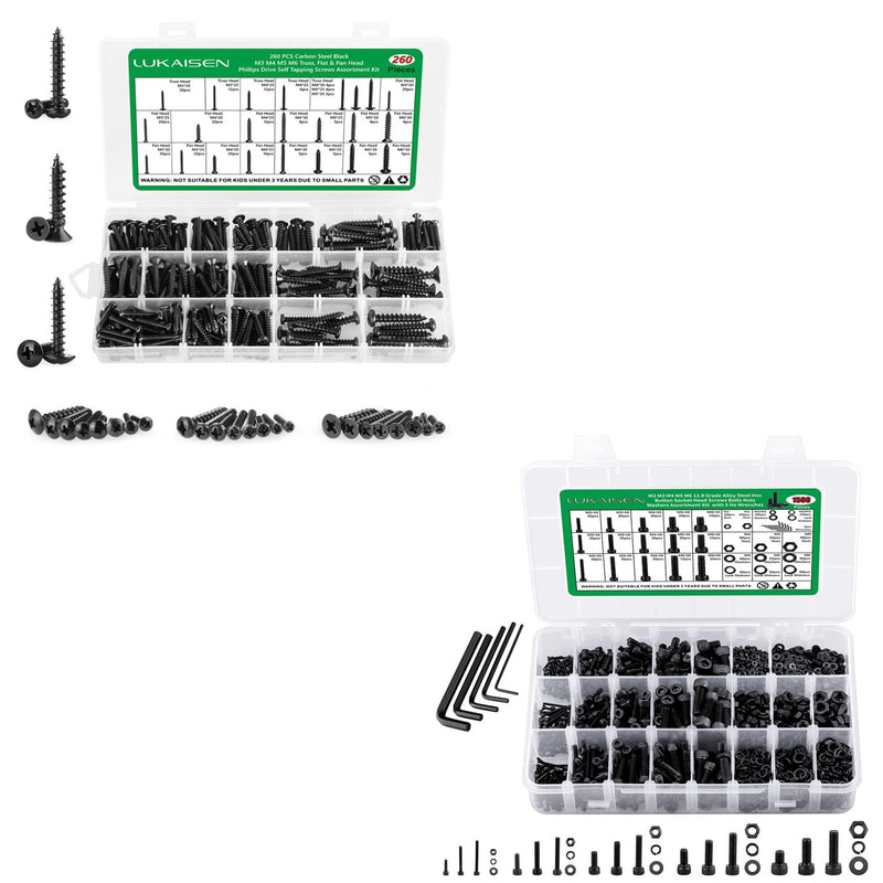 [Australia - AusPower] - 260 Pieces Phillips Pan Head Self-Tapping Screws, Wood Screws Assortment Kit, Black Carbon Steel, M3/M4/M5/M6 and 1500PCS M2 M3 M4 M5 M6 Hex Socket Head Cap Metric Bolts and Nuts Kit 
