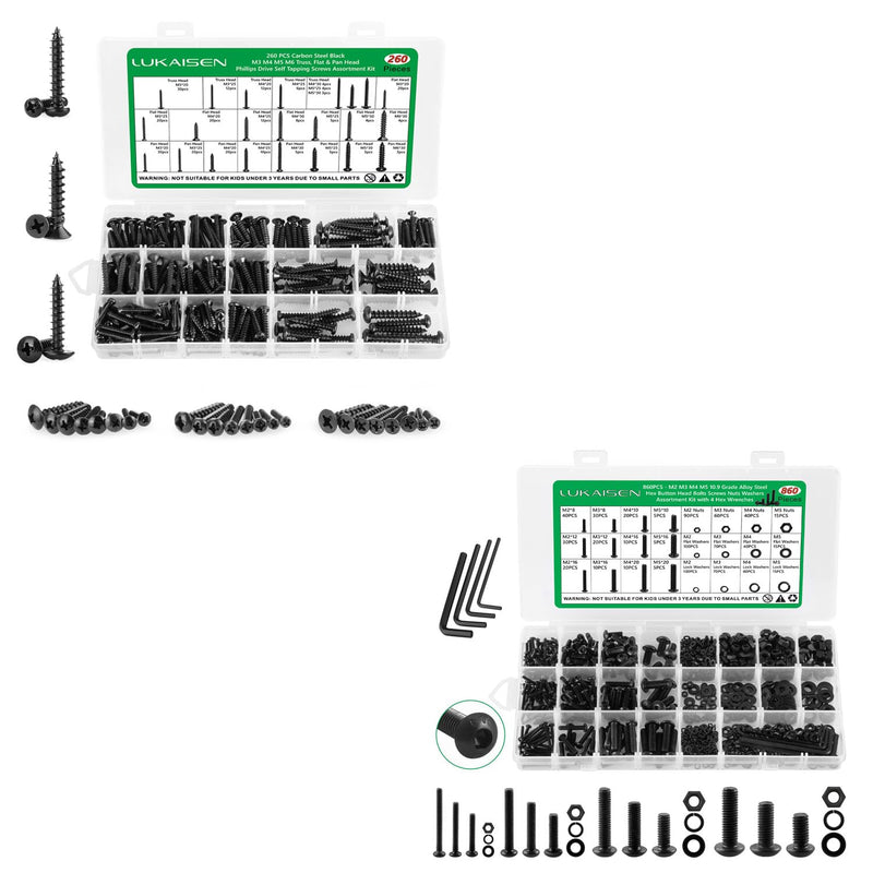 [Australia - AusPower] - 260 Pieces Phillips Pan Head Self-Tapping Screws, Wood Screws Assortment Kit, Black Carbon Steel, M3/M4/M5/M6 and 860PCS M2 M3 M4 M5 Hex Button Head Cap Metric Bolts and Nuts Kit 