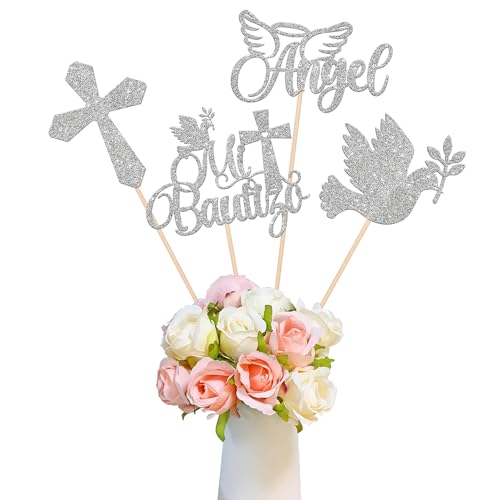 12 Pack Mi Bautizo Party Decorations, Baptism Centerpiece Sticks, Angel Dove Baptism Table Toppers Decors for Religious God Bless Baby Shower Birthday Baptism Party Decorations Silver Design 1 Silver