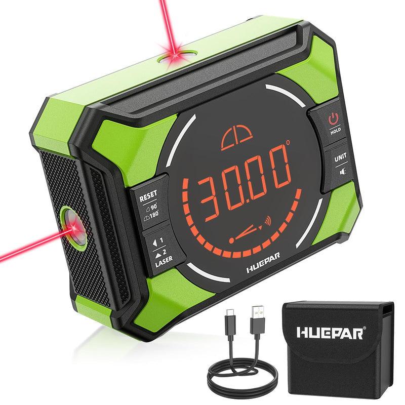 [Australia - AusPower] - Huepar Digital Angle Gauge with Laser Level, Rechargeable 3-in-1 Digital Angle Finder with Magnetic, Measures 0-90° & 0-180° Range, Digital Electronic Level Accessory for Woodworking Tools AG2L Digital Angle Gauge 