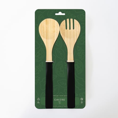 Caytre Wooden Painted Handle Bamboo Serving Utensil Set For Salad and Side Dishes- Onyx