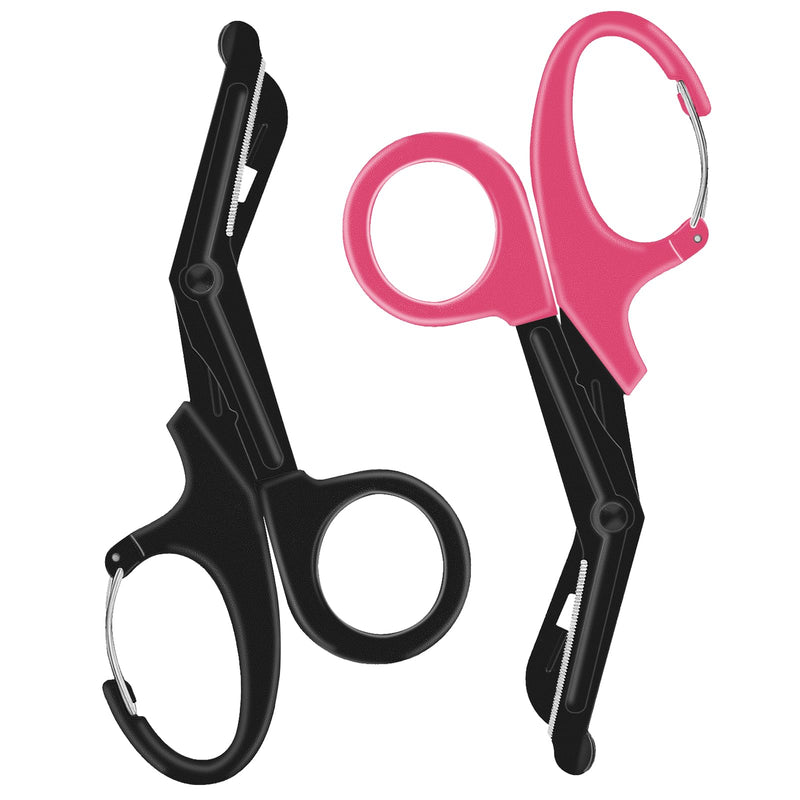 [Australia - AusPower] - 2 Pack Medical Trauma Shears Nurses Shears Medical Scissors 7.5" Stainless Steel Bandage Scissors with Carabiner Fluoride Coated Premium Blades Patented Scissor for Nurses Doctor Black and Pink 