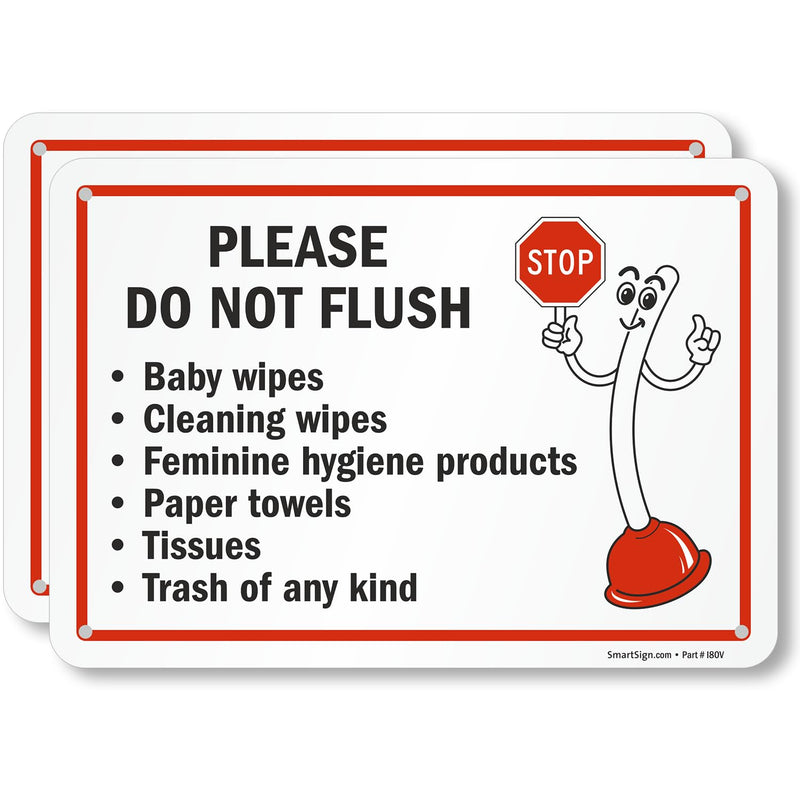 [Australia - AusPower] - SmartSign 2-Pack 'Please Do Not Flush Wipes/Feminine Hygiene Products/Paper Towels/Tissues/Trash' Bathroom Sign with Funny STOP Symbol - 7" x 10", 55 mil HDPE Plastic, Red/Black/White, USA-Made 7" x 10" - Plastic (Pack of 2) 