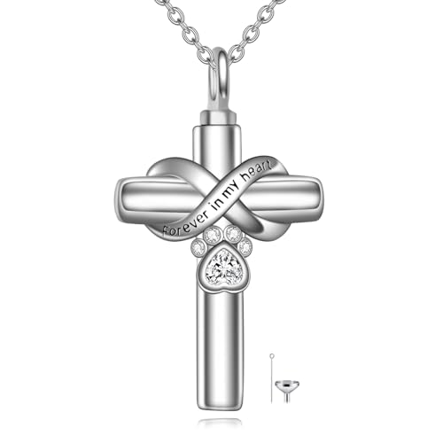 Cross Pet Urn Necklace Sterling Silver Infinity Pet Ashes Pendant Silver-Dog Crystal