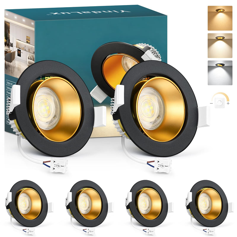 YindaLux 6x LED Recessed Spotlights 230 V Dimmable 5 W Black Gold Hole 75-80 mm | 550LM, 3CCT 3000K/4000K/6500K, 38°/120° beam angle, 45° swivel, IP44, removable LED module, deep reflector shell 6 pieces-38°/120° beam angle